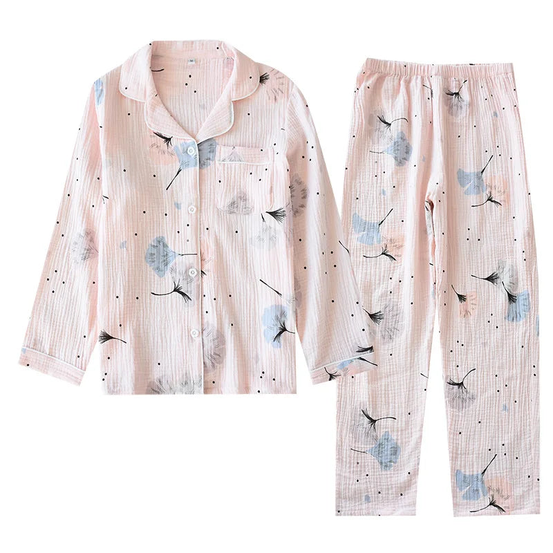 Pyjama Femme 100% Coton Gaze - Ensemble 2 Pièces Motif Plumes - Livraison Offerte FR & EU