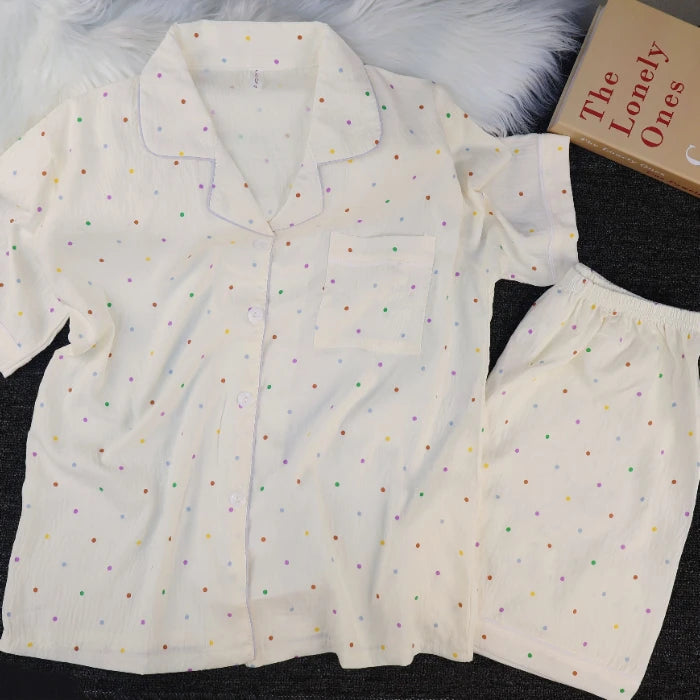 Pyjama Femme Été Imprimé Kawaii – Ensemble Short Col Revers Style Coréen