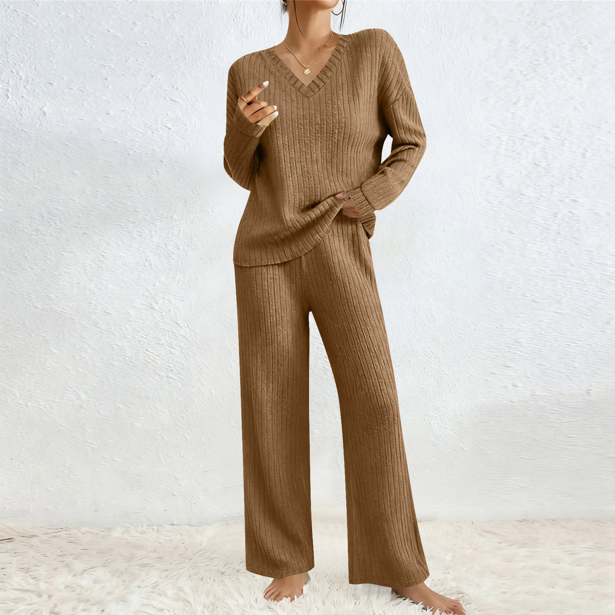 Ensemble Femme 2 Pièces – Haut à Manches Longues & Pantalon Large