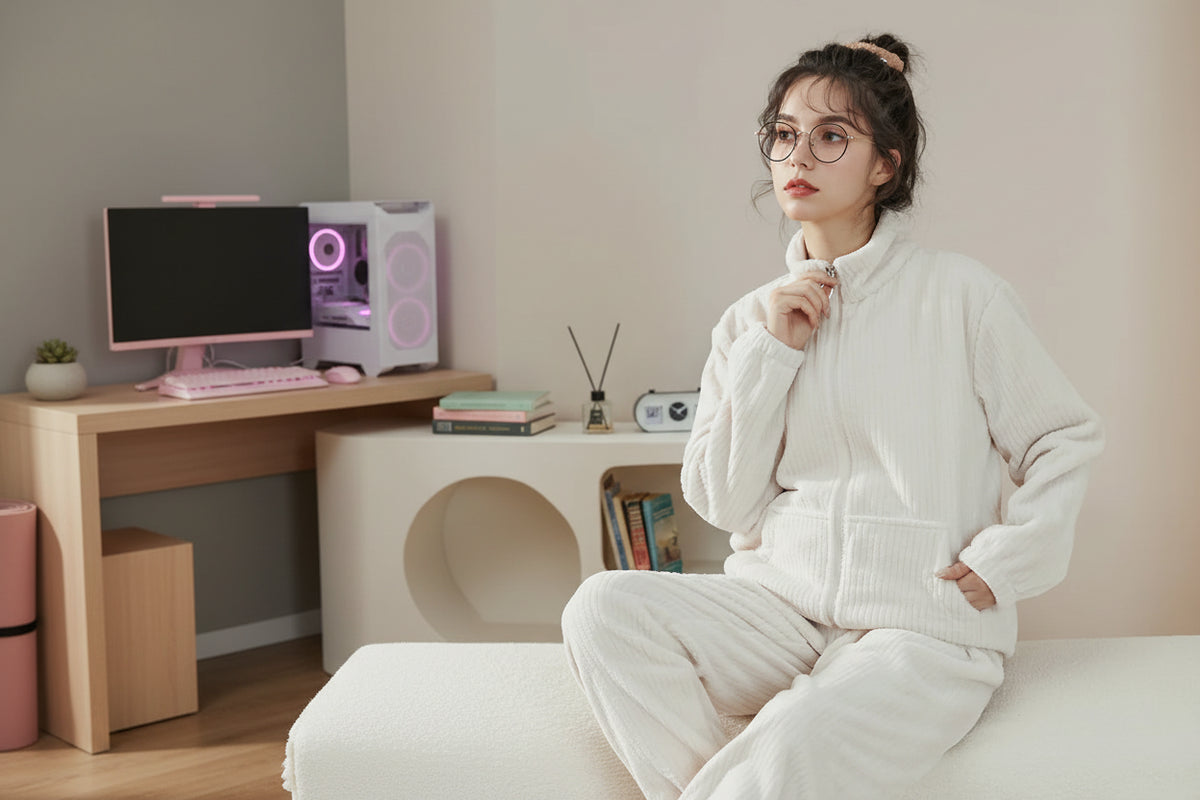 Ensemble Pyjama Femme en Polaire Corail – Confort Chaud & Décontracté Hiver