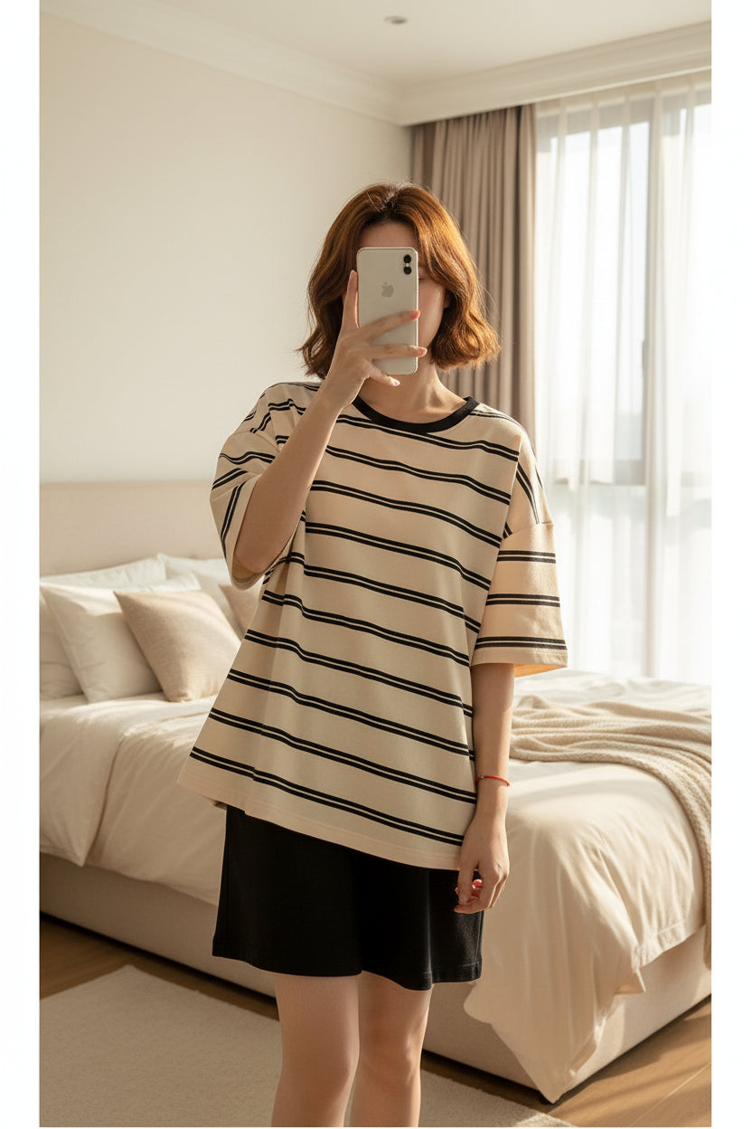 Pyjama Femme Été Grande Taille – Ensemble Short Rayé Loose avec Maintien Intégré