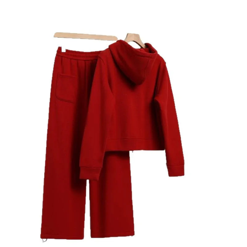 Ensemble Sportswear Femme 2 Pièces Polaire – Sweat & Pantalon Large Hiver – Noir ou Rouge – Livraison Offerte