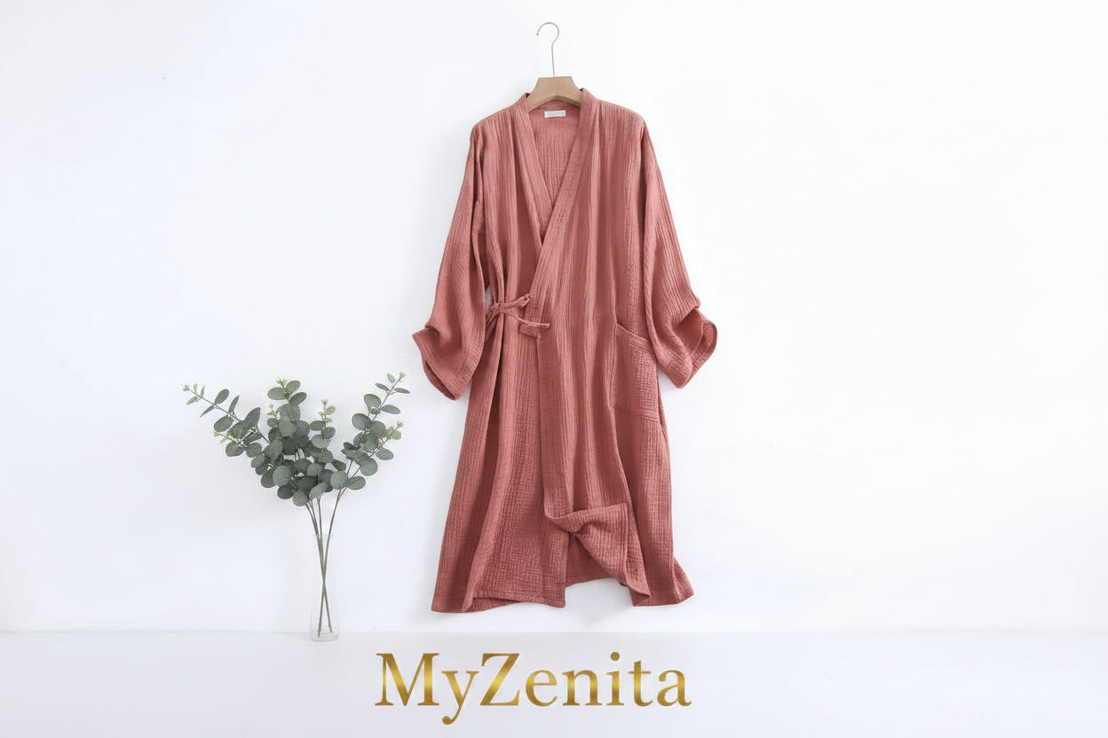 Peignoir Kimono Femme 100% Coton Crêpe Gaze – Col V Manches Longues Grandes Tailles – Livraison Offerte FR & EU