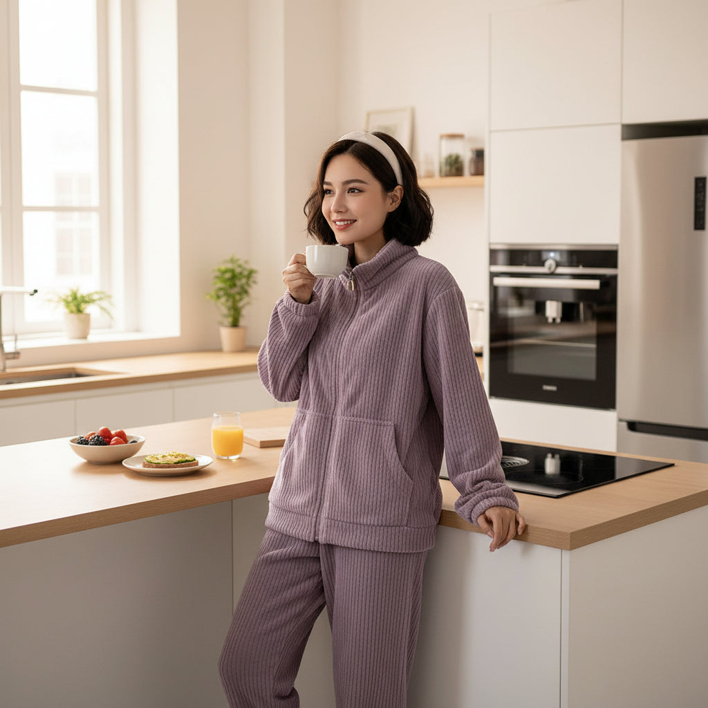 Ensemble Pyjama Femme en Polaire Corail – Confort Chaud & Décontracté Hiver