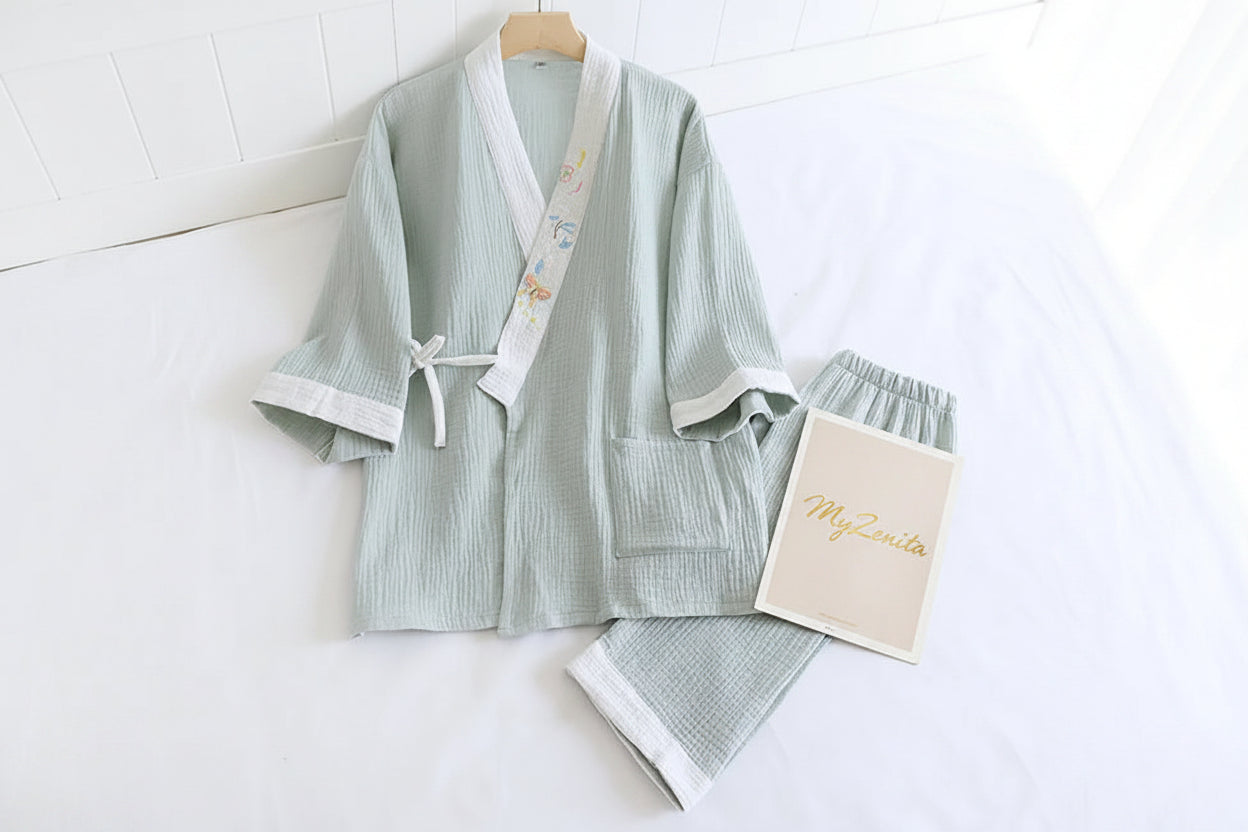 Pyjama Kimono Femme 100% Coton Crêpe - Ensemble 2 Pièces Manches Longues - Printemps Automne - Livraison Offerte FR & EU
