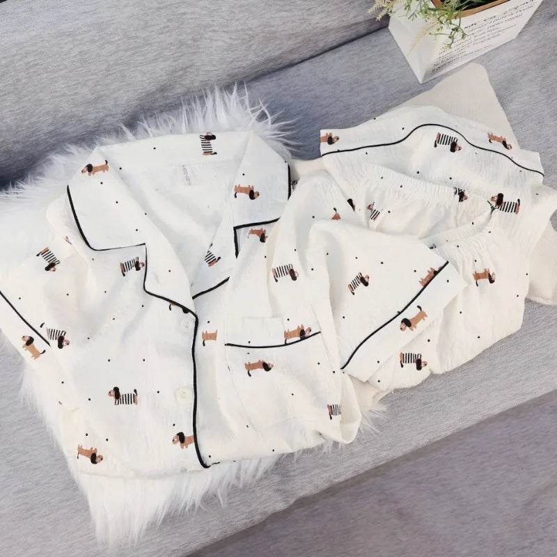 Pyjama Femme Été Imprimé Kawaii – Ensemble Short Col Revers Style Coréen