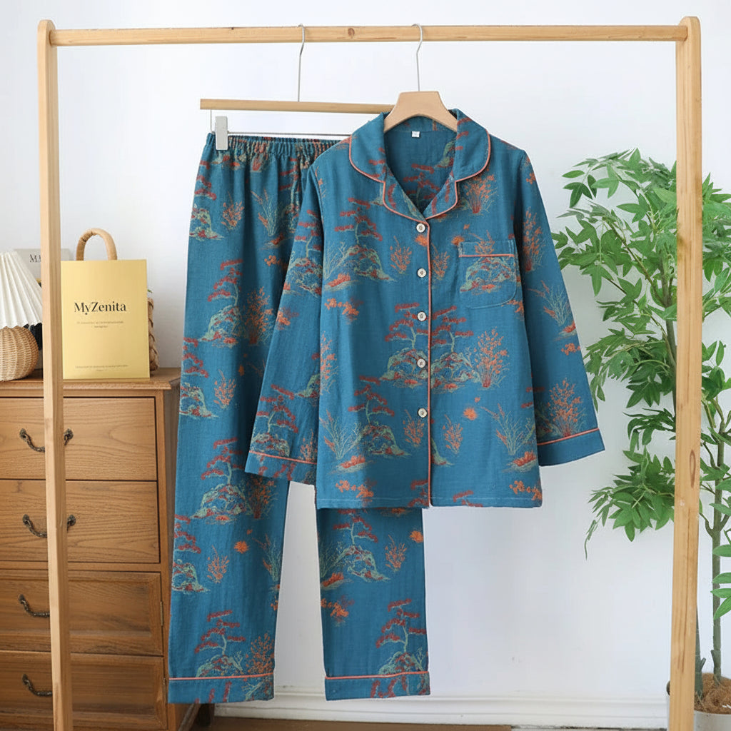 Pyjama Femme 100% Coton Crêpe – Ensemble 2 Pièces Manches Longues Motif Floral – Livraison Offerte FR & EU