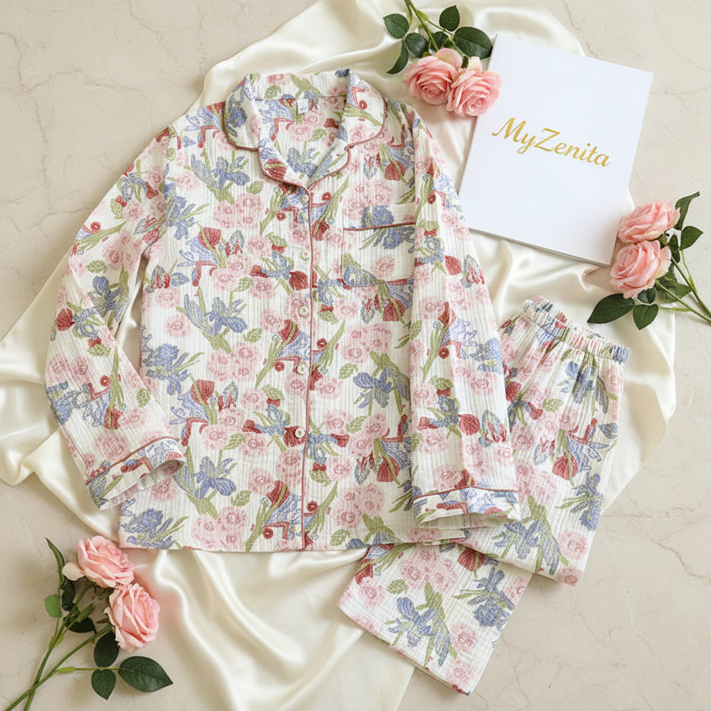 Pyjama Femme 100% Coton Fleuri – Ensemble 2 Pièces Col Polo – Printemps