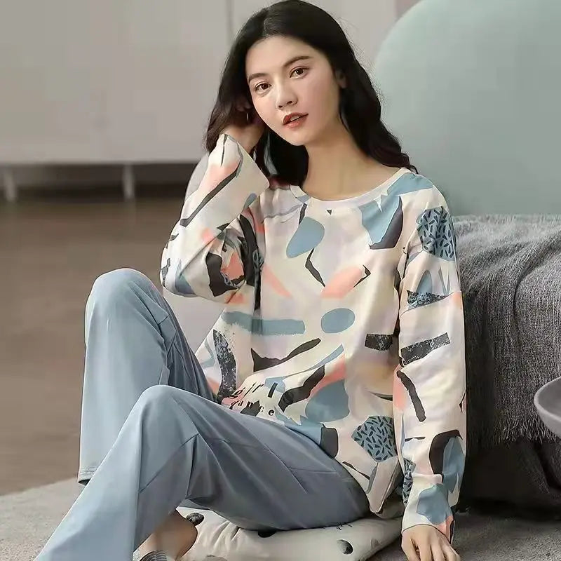 Pyjama Femme Grande Taille – Ensemble Manches Longues Motif Imprimé – Printemps/Automne | Livraison Offerte FR & EU