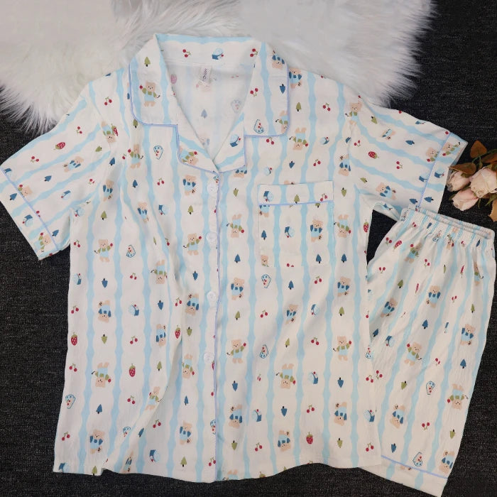 Pyjama Femme Été Imprimé Kawaii – Ensemble Short Col Revers Style Coréen