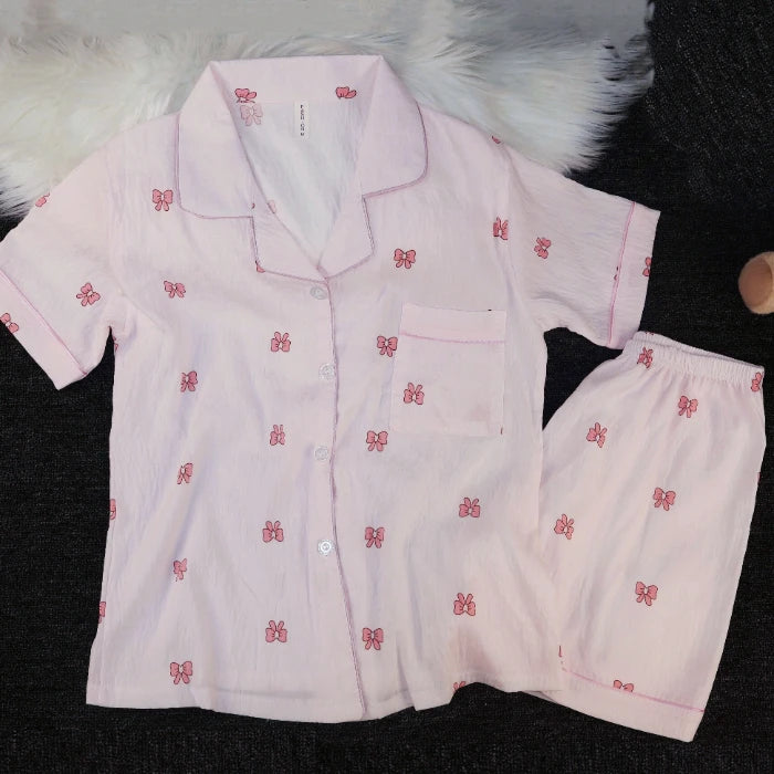 Pyjama Femme Été Imprimé Kawaii – Ensemble Short Col Revers Style Coréen