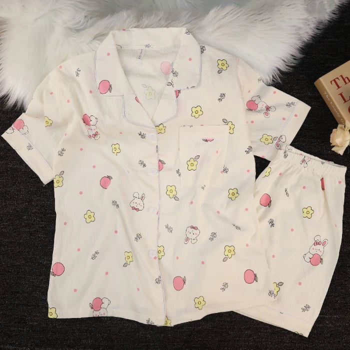 Pyjama Femme Été Imprimé Kawaii – Ensemble Short Col Revers Style Coréen