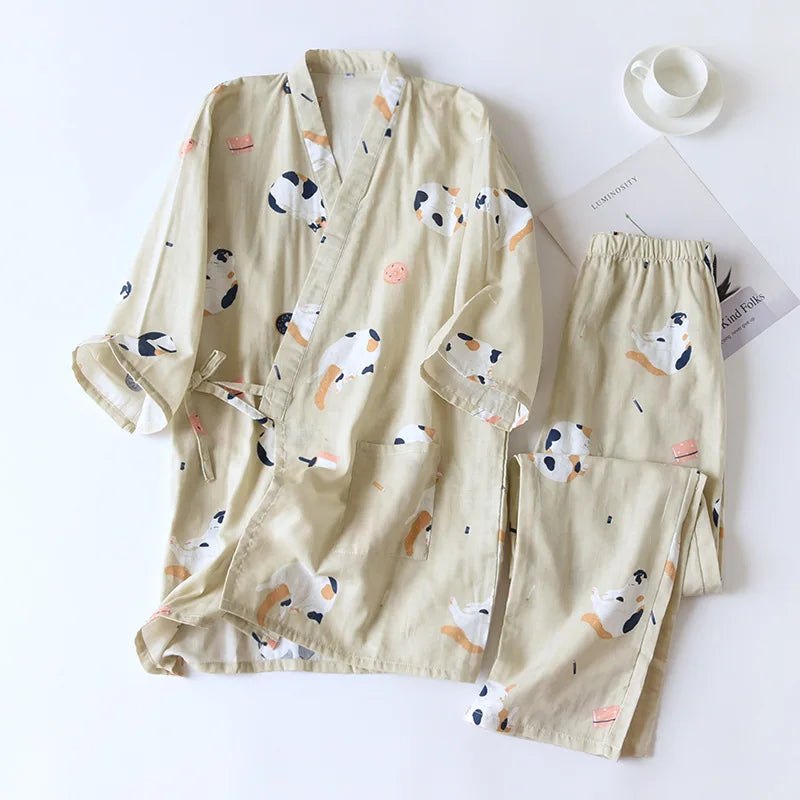 Pyjama Kimono Japonais Femme en Coton Gaze – Motif Chat Mignon – Livraison Offerte FR & EU