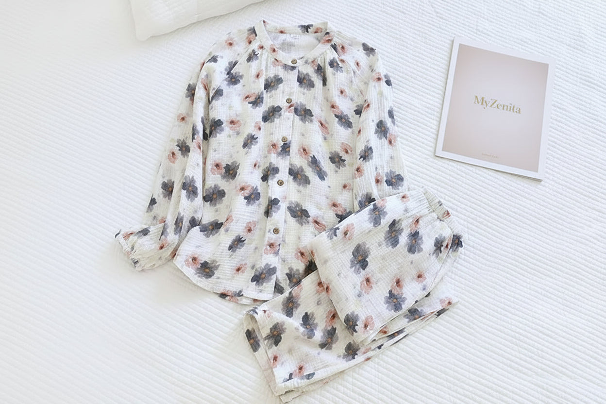 Pyjama Femme 100% Coton Crêpe – Ensemble 2 Pièces Manches Longues Floral – Livraison Offerte FR & EU