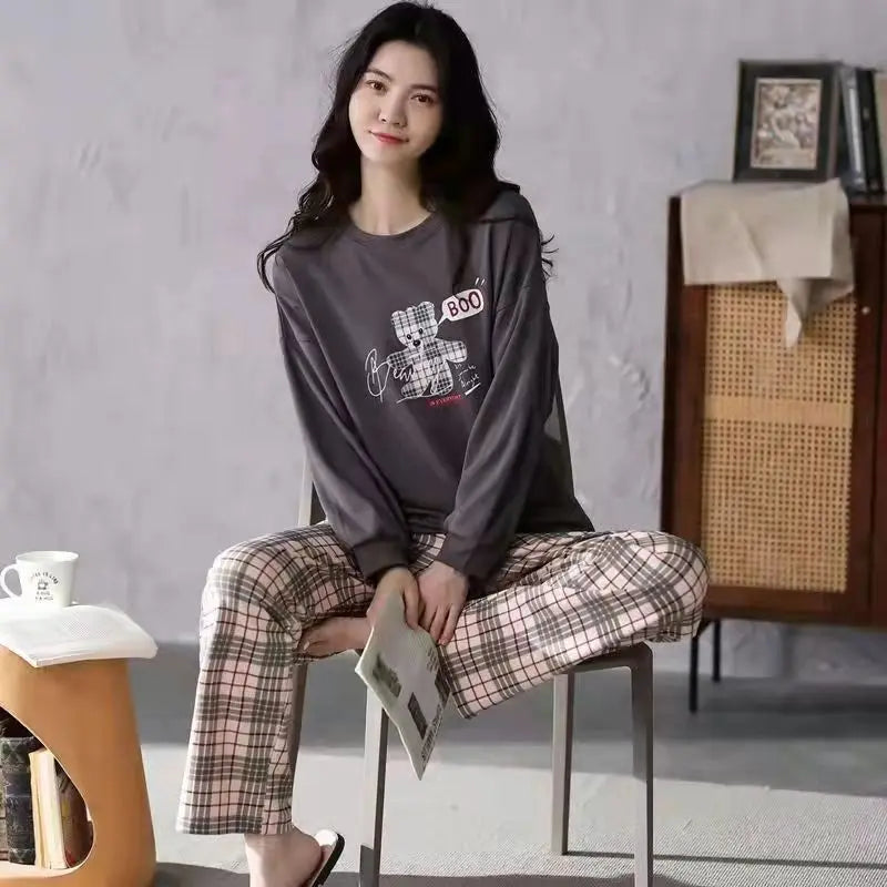 Pyjama Femme Grande Taille – Ensemble Manches Longues Motif Imprimé – Printemps/Automne | Livraison Offerte FR & EU