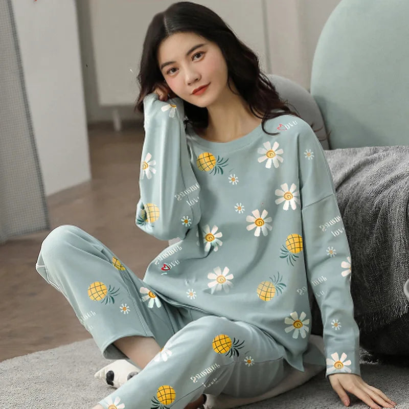 Pyjama Femme Grande Taille – Ensemble Manches Longues Motif Imprimé – Printemps/Automne | Livraison Offerte FR & EU