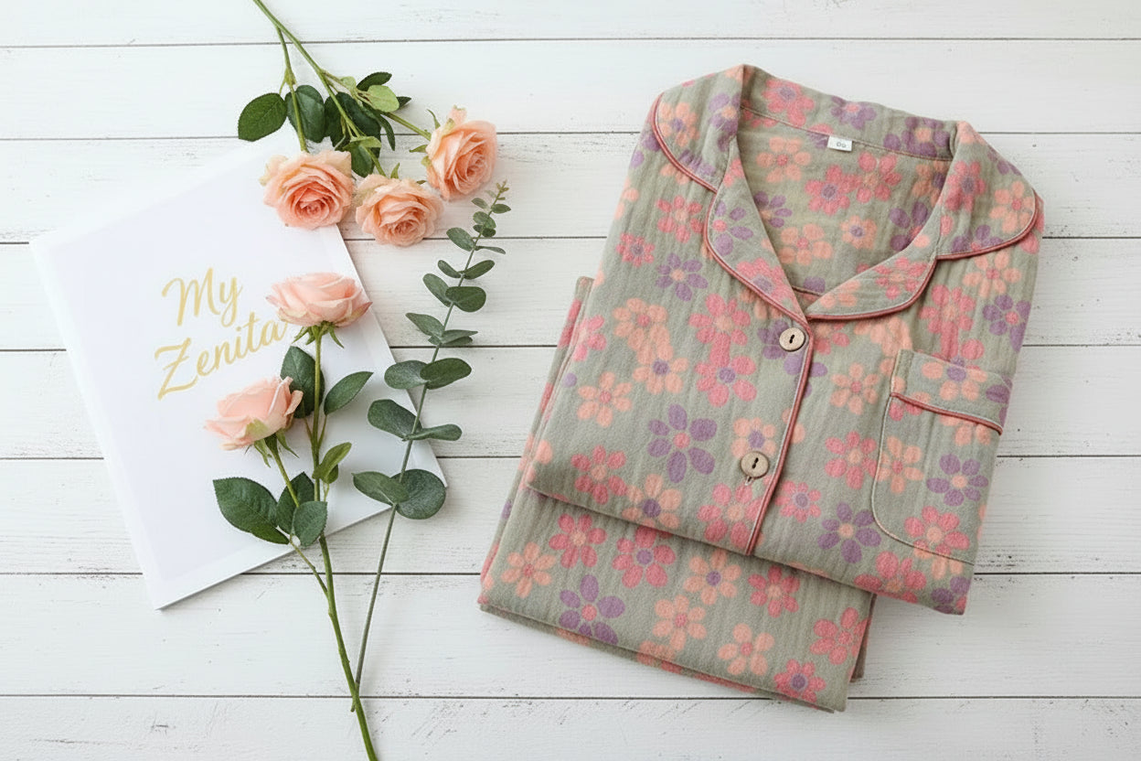 Pyjama Femme 100% Coton Crêpe – Ensemble 2 Pièces Manches Longues Motif Floral – Livraison Offerte FR & EU