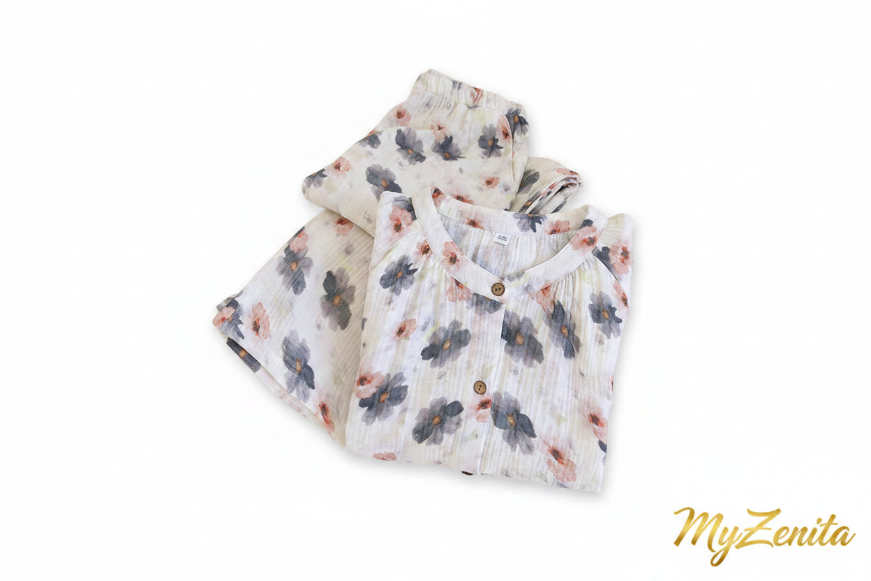 Pyjama Femme 100% Coton Crêpe – Ensemble 2 Pièces Manches Longues Floral – Livraison Offerte FR & EU