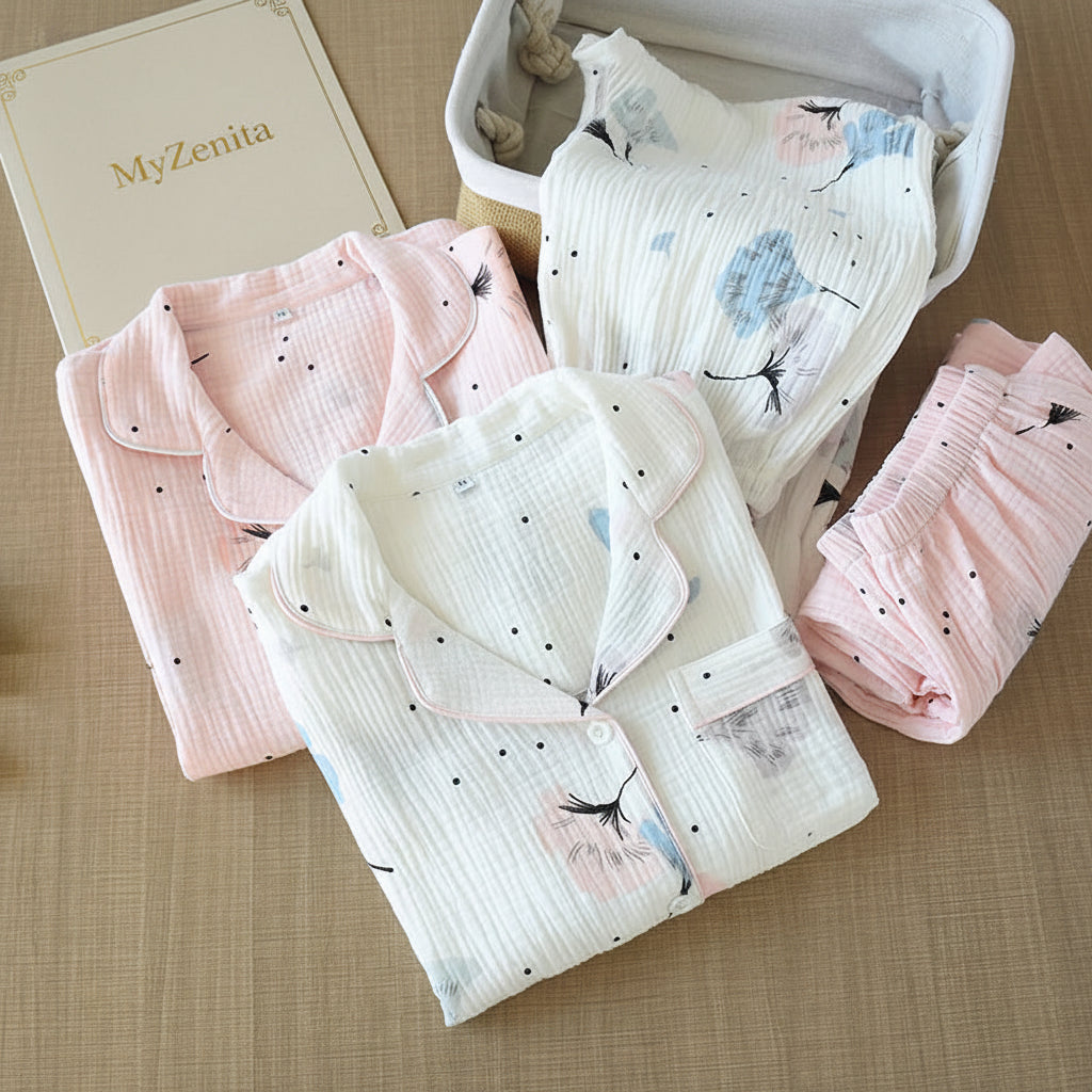 Pyjama Femme 100% Coton Gaze - Ensemble 2 Pièces Motif Plumes - Livraison Offerte FR & EU
