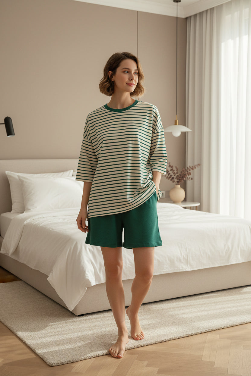 Pyjama Femme Été Grande Taille – Ensemble Short Rayé Loose avec Maintien Intégré