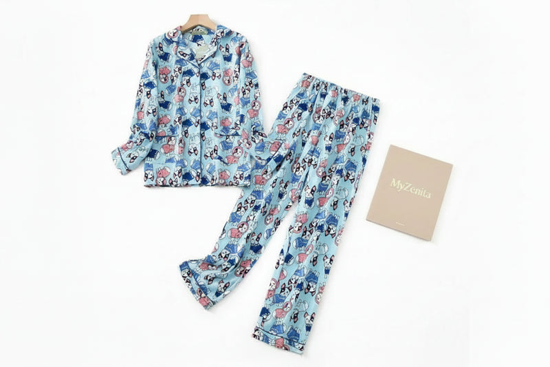 Pyjama Femme Flanelle Coton – Ensemble 2 Pièces Imprimé Kawaii & Carreaux | Livraison Offerte