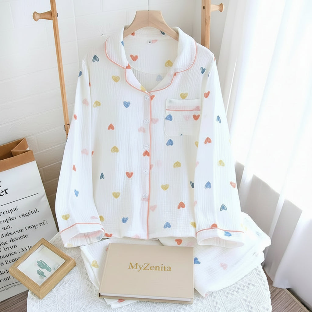 Pyjama Femme Coton Double Crêpe – Imprimé Cœur – Ensemble 2 Pièces – Livraison Offerte FR & EU