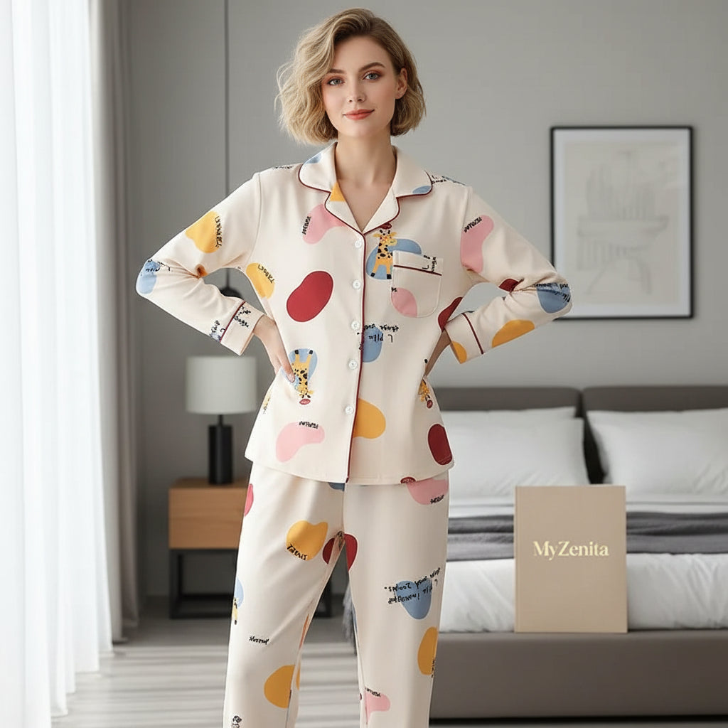 Pyjama Femme 100% Coton Antibactérien – Style Coréen Cartoon Manches Longues – Grande Taille M à XXXL – Livraison Offerte FR & EU