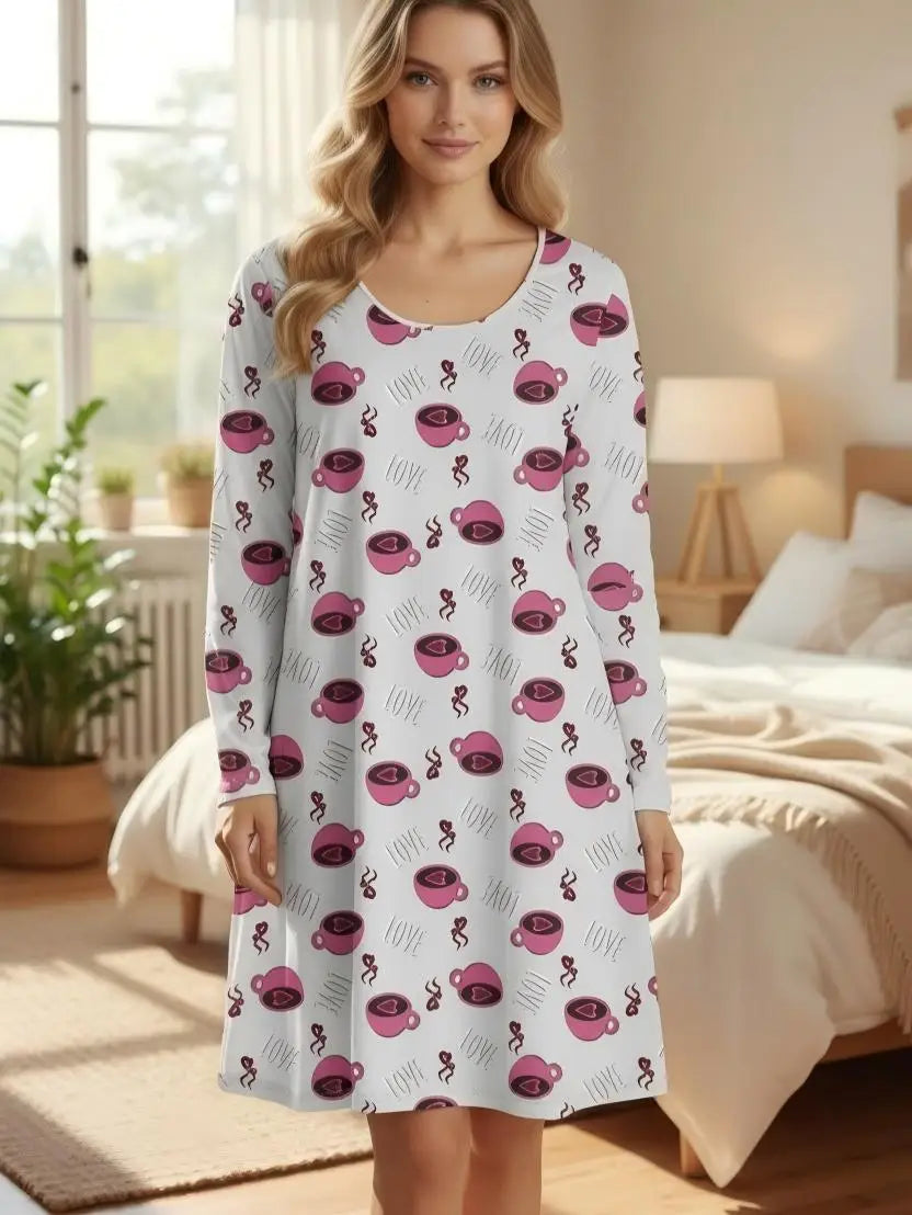 Chemise de Nuit Femme – Satin Polyester Doux Imprimé Col Rond Manches Longues – 6 Coloris – Livraison Offerte FR & EU