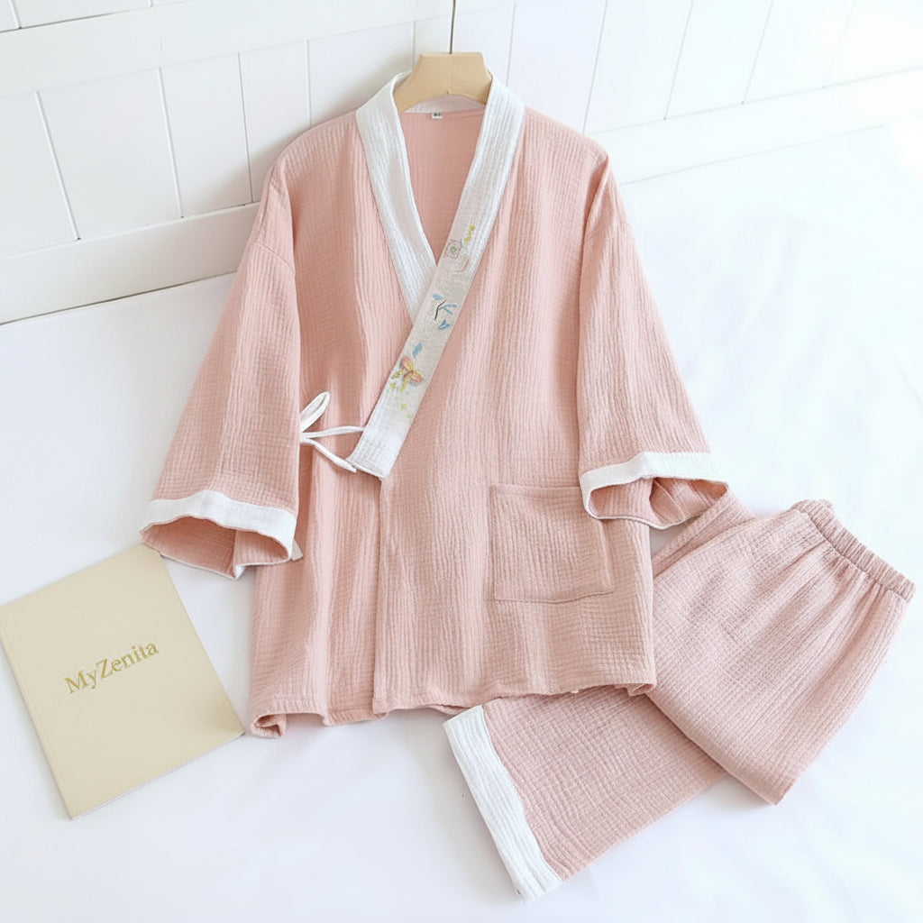 Pyjama Kimono Femme 100% Coton Crêpe - Ensemble 2 Pièces Manches Longues - Printemps Automne - Livraison Offerte FR & EU