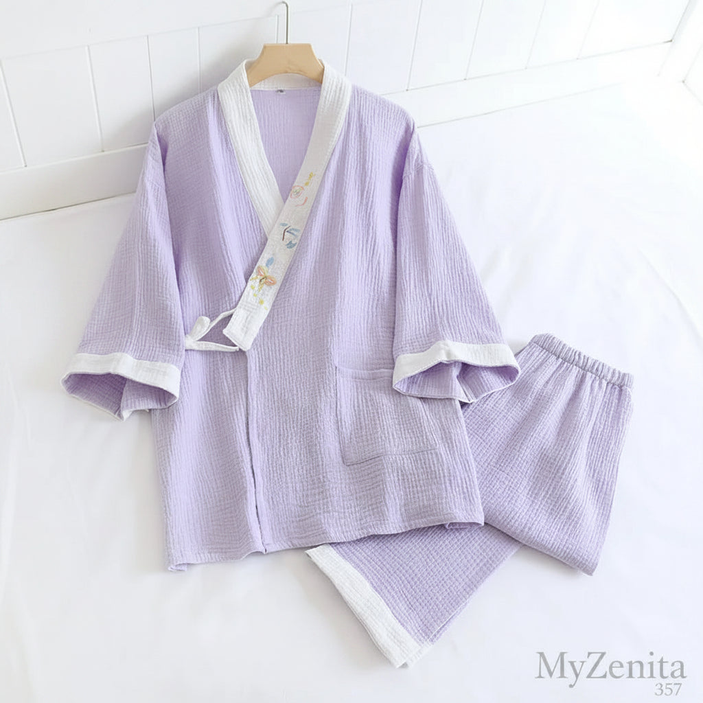 Pyjama Kimono Femme 100% Coton Crêpe - Ensemble 2 Pièces Manches Longues - Printemps Automne - Livraison Offerte FR & EU
