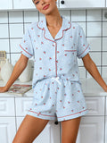 Pyjama Femme Été Cardigan Col Revers – Ensemble Short Imprimé Cerises & Carreaux
