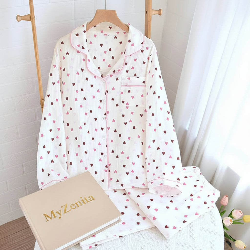 Pyjama Femme Coton Double Crêpe – Imprimé Cœur – Ensemble 2 Pièces – Livraison Offerte FR & EU