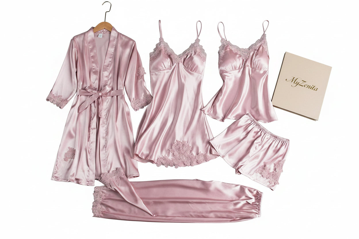 Ensemble Nuisette Satin Femme 5 Pièces – Dentelle & Soie | Col V (S-XXXL)
