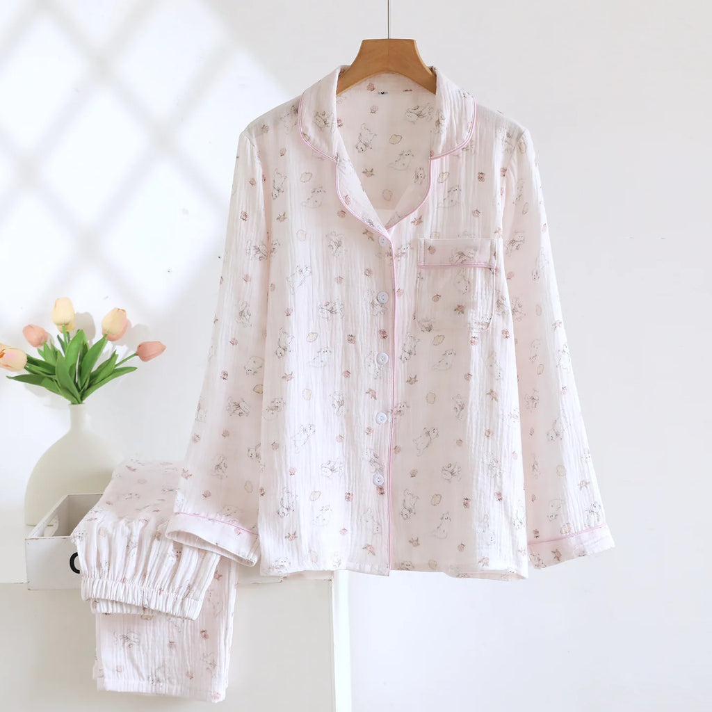 Pyjama Femme Premium 100% Coton Crêpe - Cardigan Élégant Col Revers 2 Pièces - Livraison Offerte FR & EU
