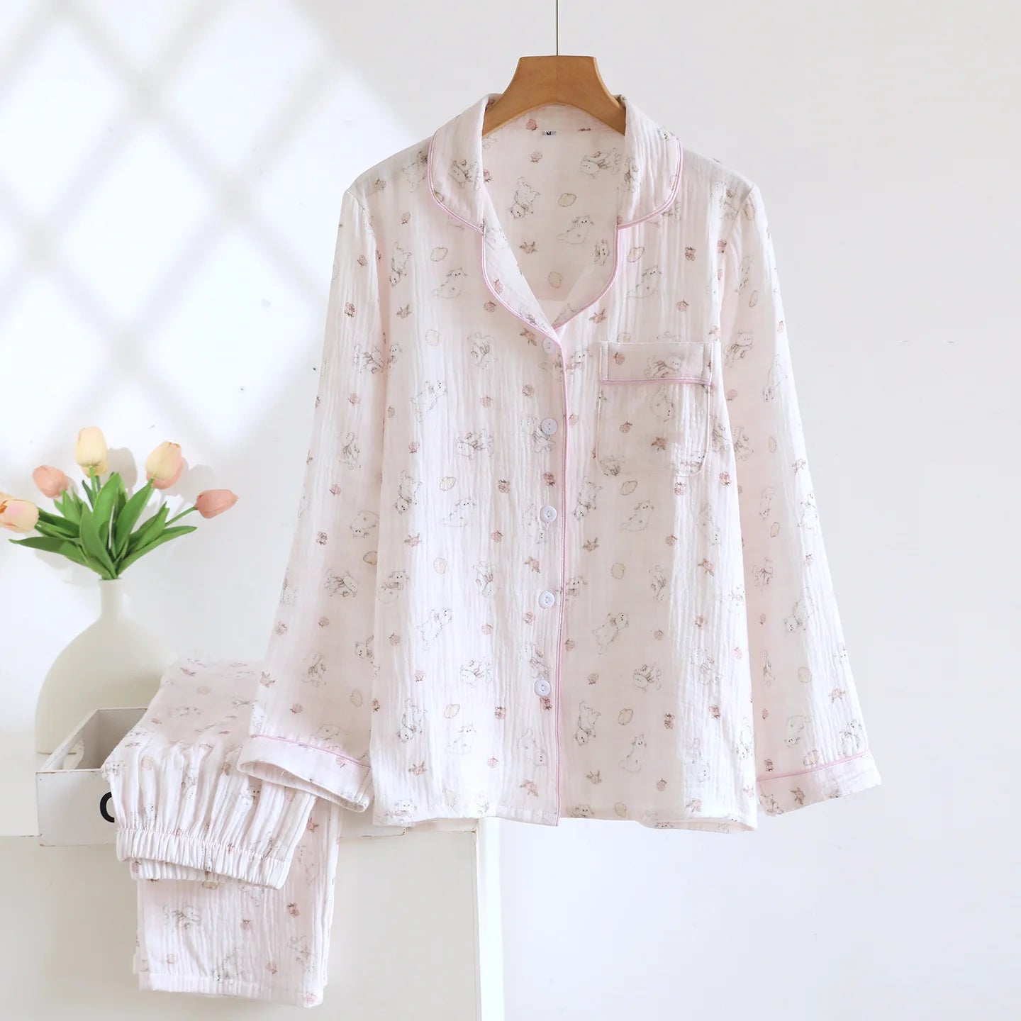Pyjama Femme Premium 100% Coton Crêpe - Cardigan Élégant Col Revers 2 Pièces - Livraison Offerte FR & EU