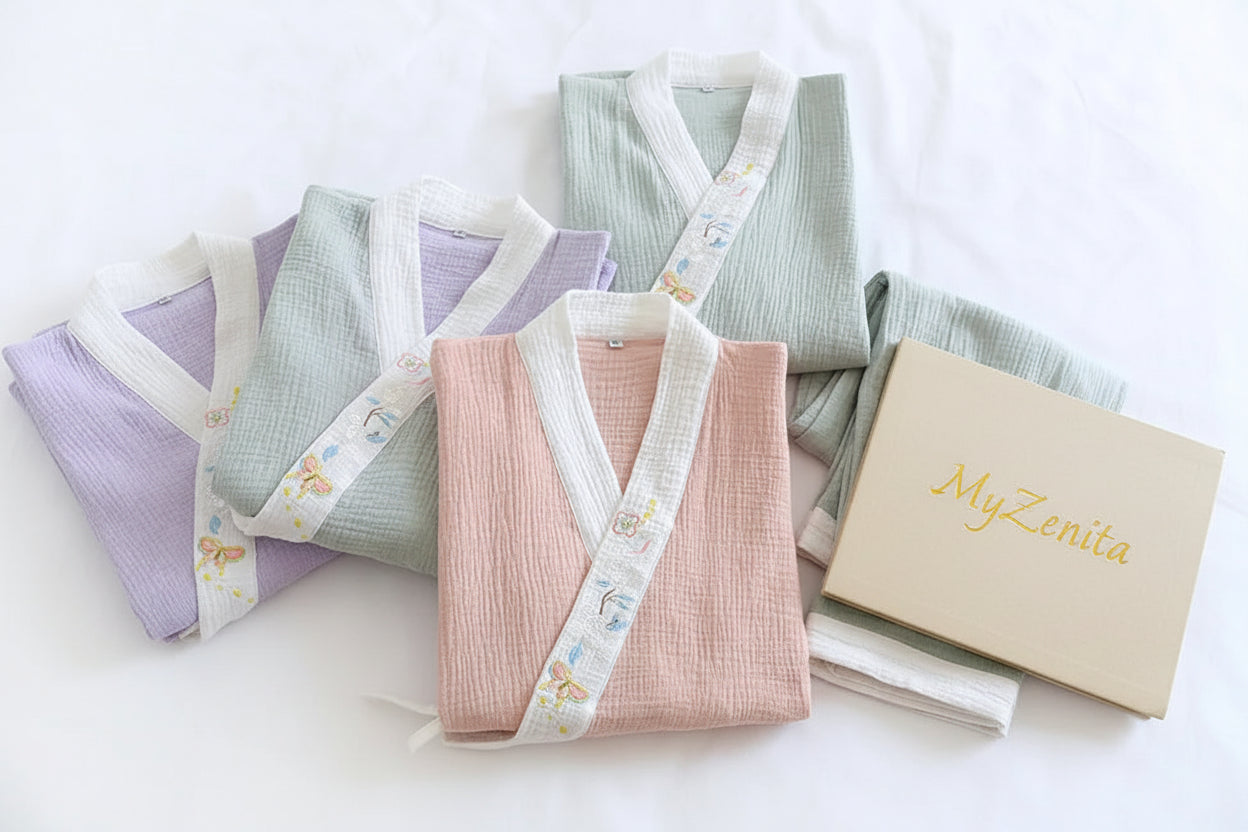 Pyjama Kimono Femme 100% Coton Crêpe - Ensemble 2 Pièces Manches Longues - Printemps Automne - Livraison Offerte FR & EU