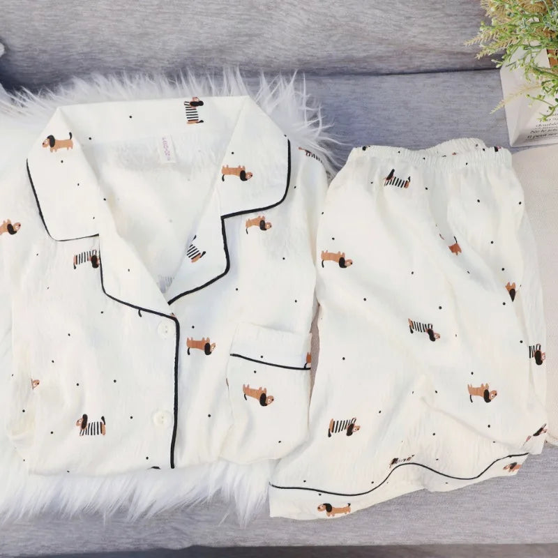Pyjama Femme Été Imprimé Kawaii – Ensemble Short Col Revers Style Coréen