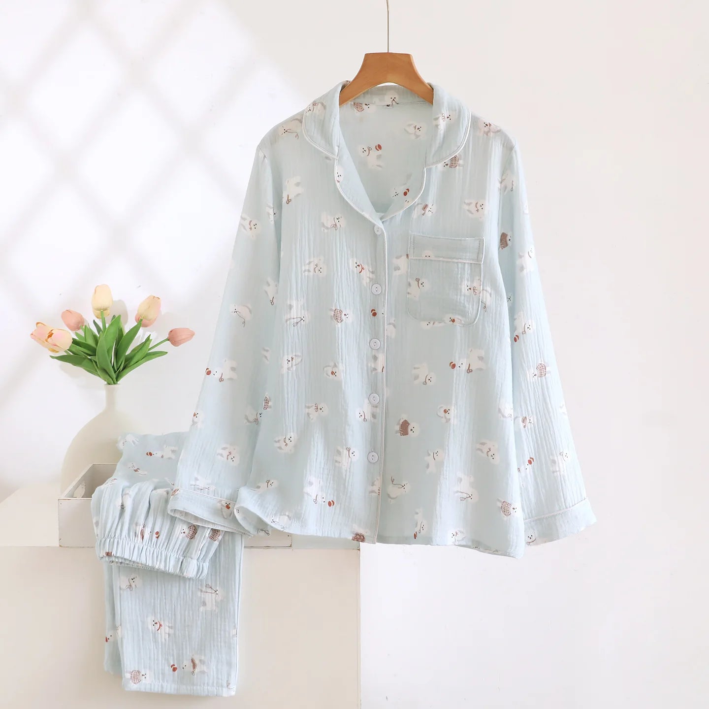 Pyjama Femme Premium 100% Coton Crêpe - Cardigan Élégant Col Revers 2 Pièces - Livraison Offerte FR & EU