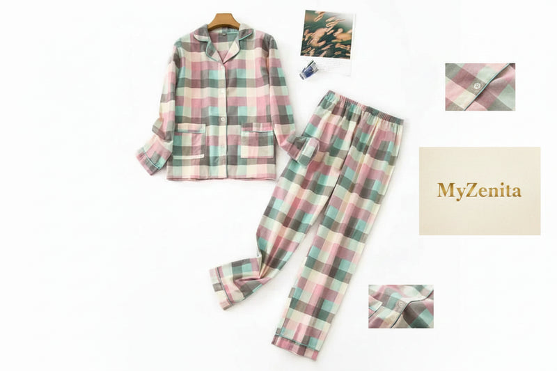Pyjama Femme Flanelle Coton – Ensemble 2 Pièces Imprimé Kawaii & Carreaux | Livraison Offerte