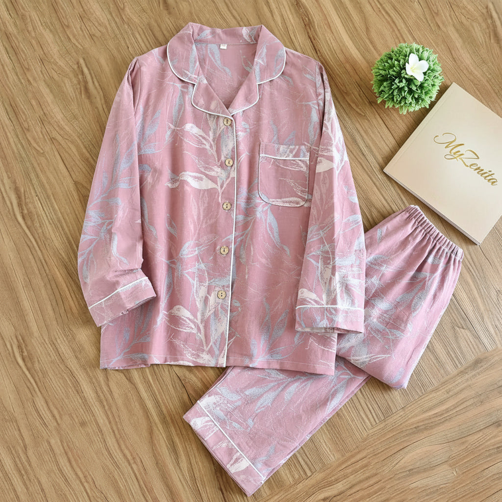 Pyjama Femme 100% Coton Crêpe – Ensemble 2 Pièces Manches Longues Motif Floral – Livraison Offerte FR & EU