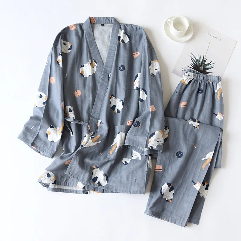 Pyjama Kimono Japonais Femme en Coton Gaze – Motif Chat Mignon – Livraison Offerte FR & EU
