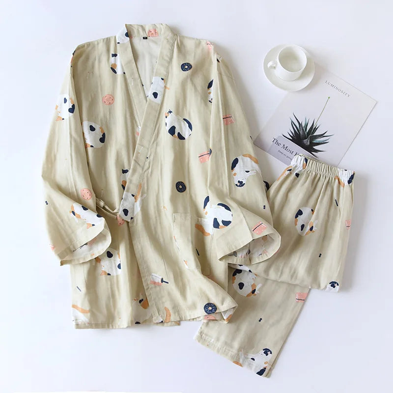 Pyjama Kimono Japonais Femme en Coton Gaze – Motif Chat Mignon – Livraison Offerte FR & EU