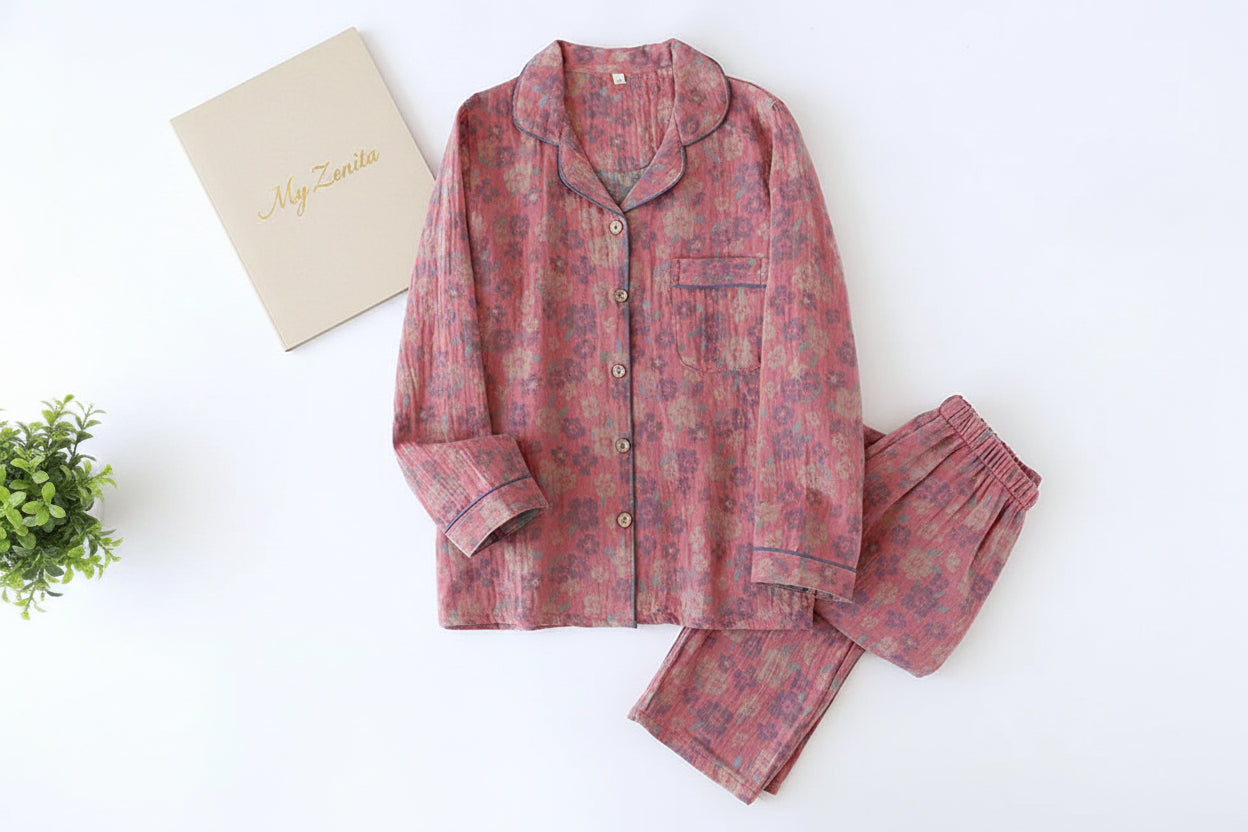 Pyjama Femme 100% Coton Crêpe – Ensemble 2 Pièces Manches Longues Motif Floral – Livraison Offerte FR & EU