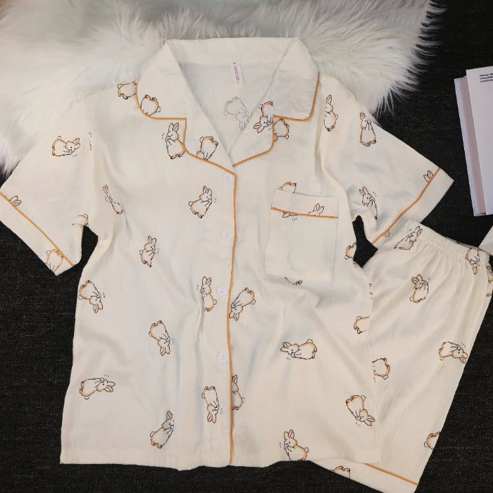 Pyjama Femme Été Imprimé Kawaii – Ensemble Short Col Revers Style Coréen