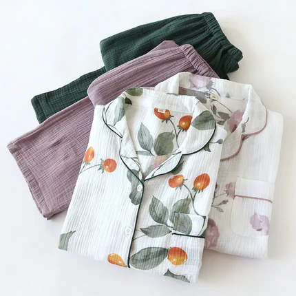 Pyjama Femme 100% Coton Crêpe Japonais – Ensemble 2 Pièces Manches Longues Floral Minimaliste – Livraison Offerte FR & EU