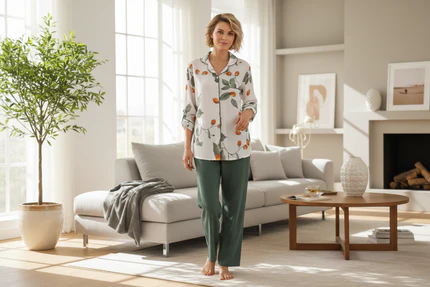 Pyjama Femme 100% Coton Crêpe Japonais – Ensemble 2 Pièces Manches Longues Floral Minimaliste – Livraison Offerte FR & EU