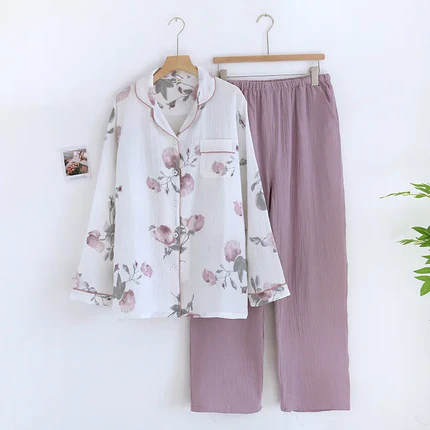 Pyjama Femme 100% Coton Crêpe Japonais – Ensemble 2 Pièces Manches Longues Floral Minimaliste – Livraison Offerte FR & EU