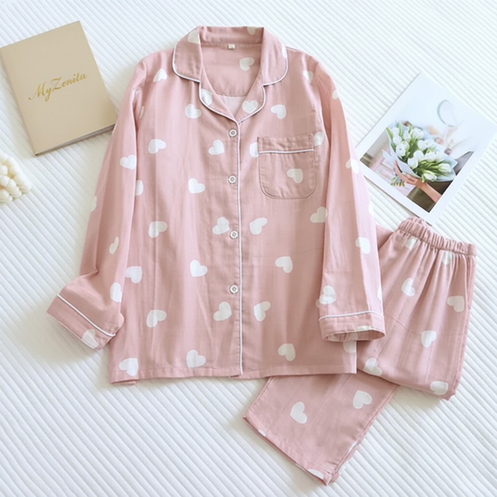 Pyjama Femme Gaze de Coton 100% – Motif Rose Cartoon – Ensemble 2 Pièces – Livraison Offerte FR & EU