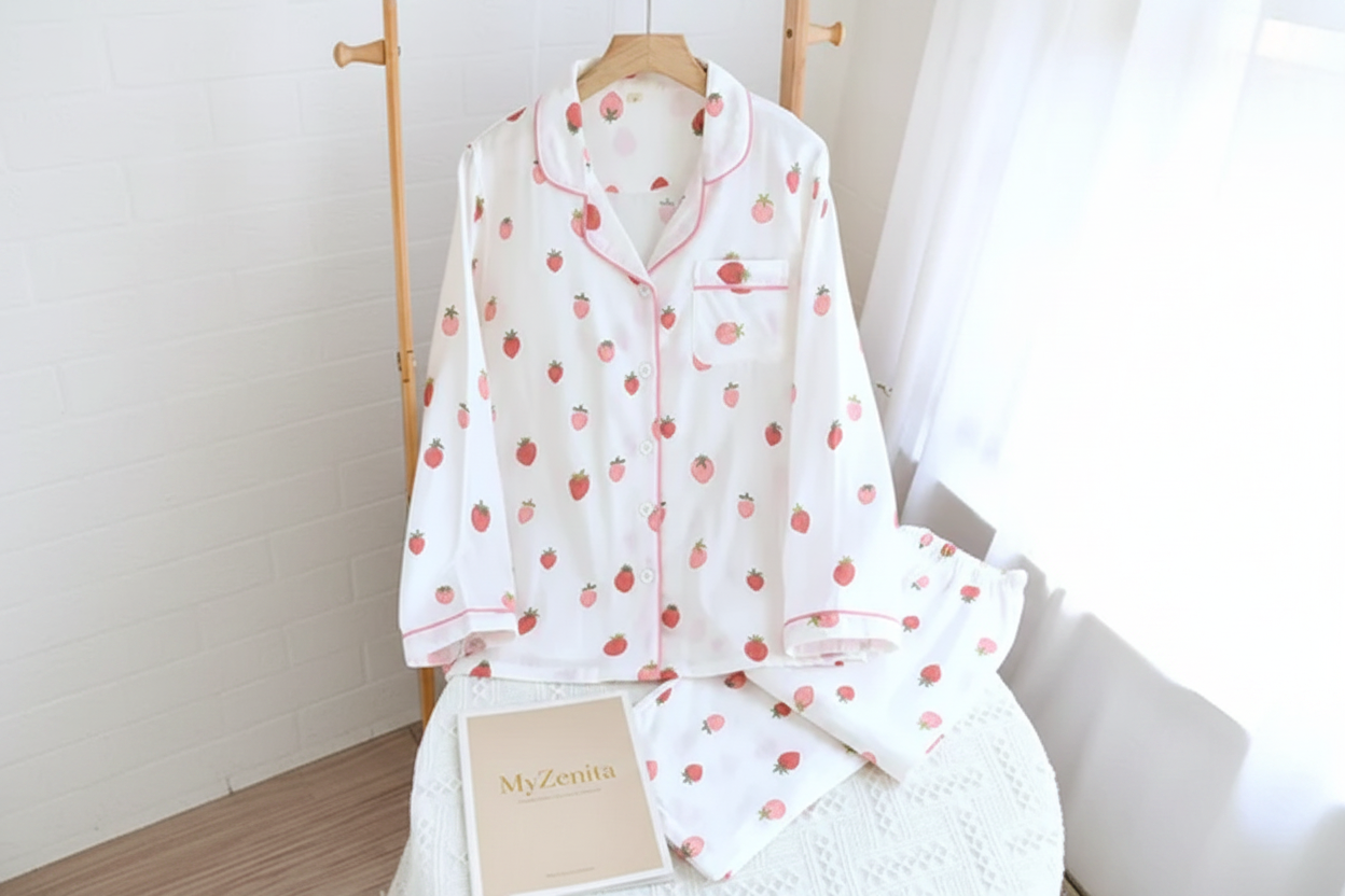 Pyjama Femme Gaze de Coton 100% – Motif Rose Cartoon – Ensemble 2 Pièces – Livraison Offerte FR & EU