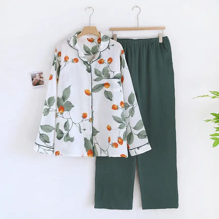 Pyjama Femme 100% Coton Crêpe Japonais – Ensemble 2 Pièces Manches Longues Floral Minimaliste – Livraison Offerte FR & EU